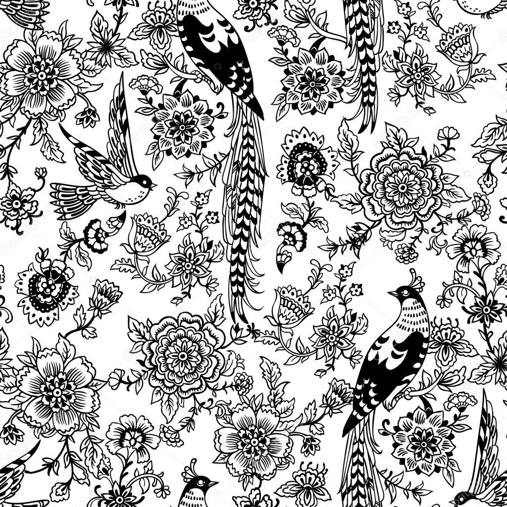 Dark Enchanted Vintage Flowers and Birds seamless pattern vector. Magic forest background.