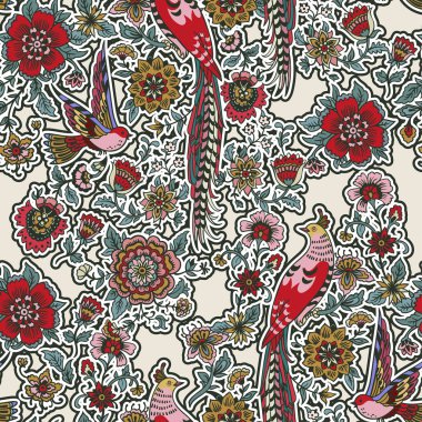 Karanlık Enchanted Vintage çiçekler ve kuşlar Dikişsiz desen vektör. Sihirli orman arka plan.