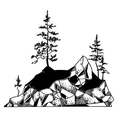 Çam ağaçları ve dağlarla dolu mistik ada manzarası. Vektör illüstrasyonu.