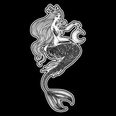 Ellerinde insan kafatasıyla çizilmiş güzel bir deniz kızı. Deniz, fantezi, maneviyat, mitoloji, dövme sanatı, boyama kitapları. İzole vektör illüstrasyonu.