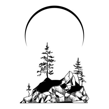 Çam ağaçları ve dağlarla dolu mistik ada manzarası. Vektör illüstrasyonu.