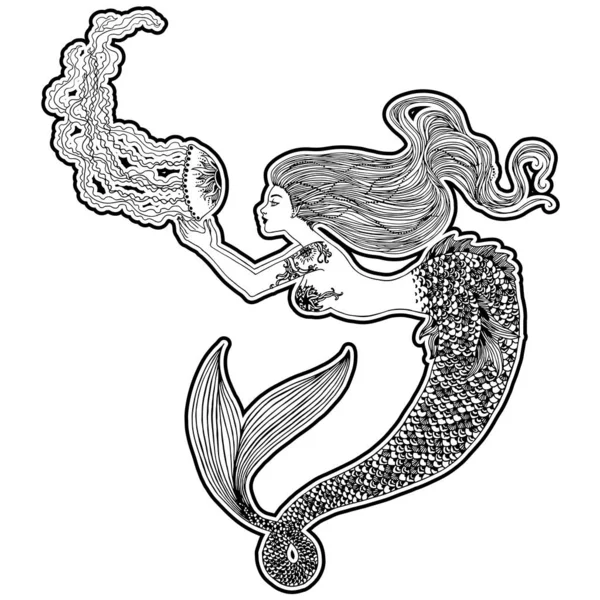 Hermosa Sirena Con Cráneo Humano Sus Manos Ilustración Dibujada Mano —  Fotos de Stock