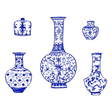 Kumaş ya da iç dizayn için çiçek ve dekorasyonlu Çin vazolarından yapılmış güzel bir Çin vazosu. El çizimi vektör illüstrasyonu.
