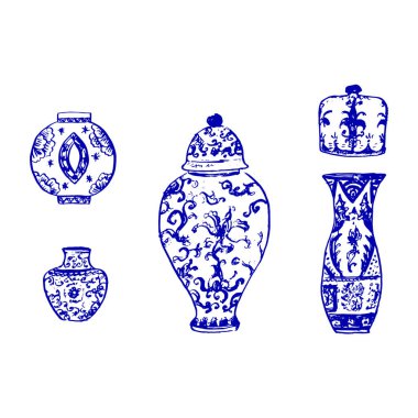 Kumaş ya da iç dizayn için çiçek ve dekorasyonlu Çin vazolarından yapılmış güzel bir Çin vazosu. El çizimi vektör illüstrasyonu.