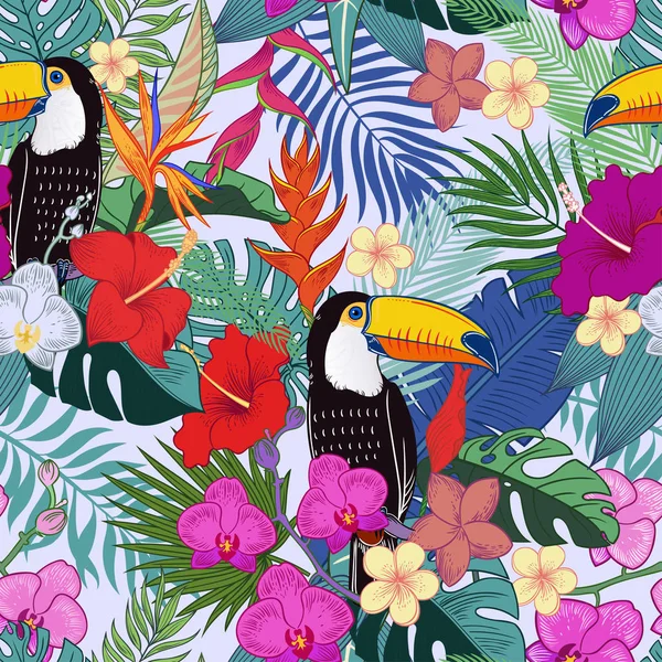 美丽的热带奇异鹦鹉鸟和丛林中花朵 矢量无缝模式 — 图库照片