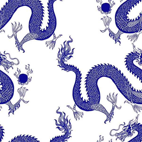 Beautiful Vintage Ink Chinese Dragon Chinoiserie Style Fabric Interior Design — Stock Photo, Image