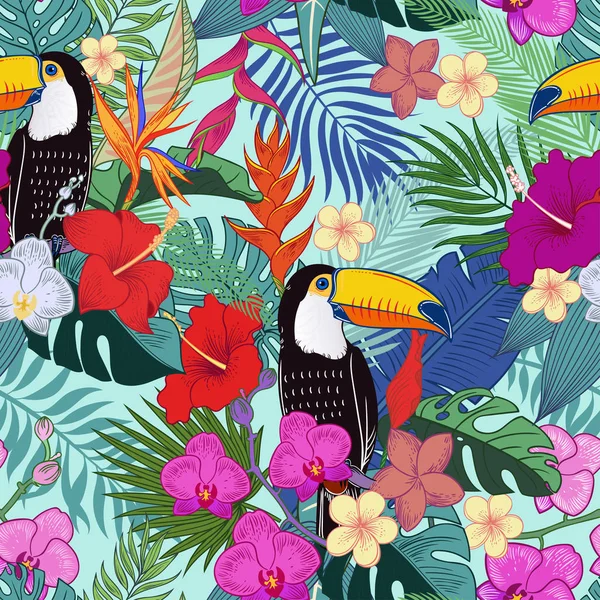 Krásné Tropické Exotické Papoušci Ptáků Džungle Květiny Bezešvý Vektorový Vzorec — Stock fotografie
