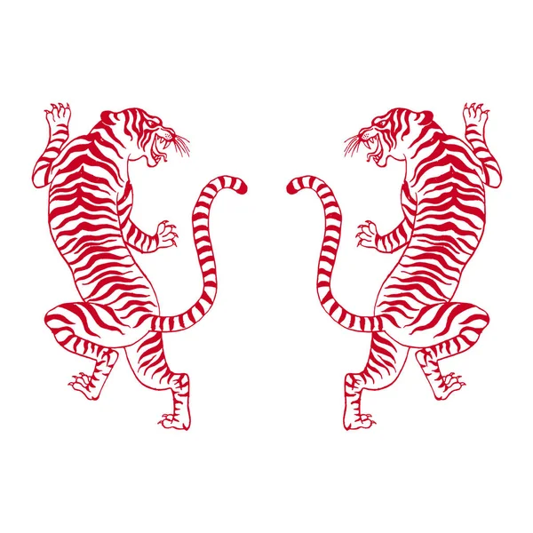 Beautiful vintage ink chinese tiger in chinoiserie style for fabric or interior design. Hand drawn vector illustration.