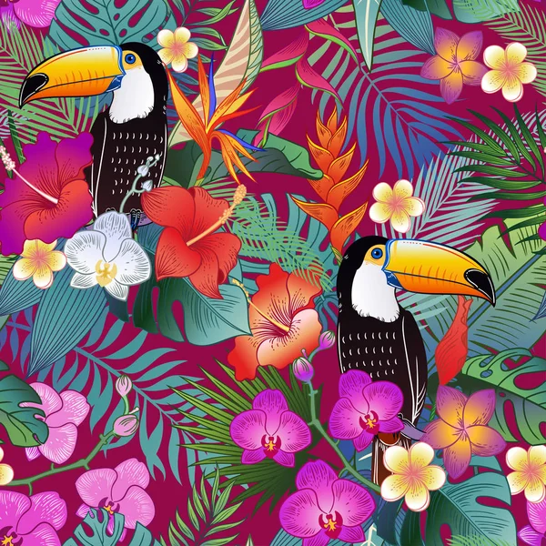 Hermosas Aves Loro Exótico Tropical Flores Selva Patrón Sin Costura —  Fotos de Stock
