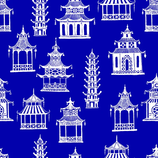 Hermosas Pagodas Chinas Tinta Vintage Estilo Chinoiserie Para Tela Diseño —  Fotos de Stock
