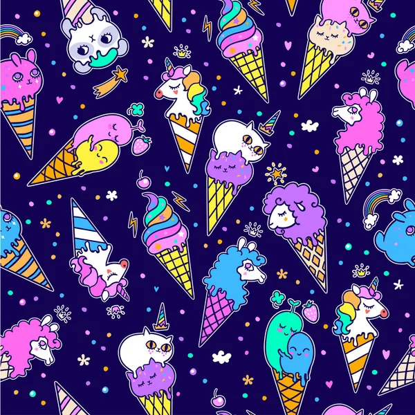 動物のようなポップかわいいアイスクリームコーンのベクトルイラスト 動物とのシームレスなアイスクリームパターン ベクトル背景 — ストック写真