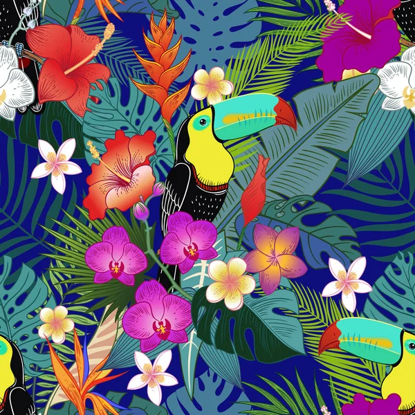 Prachtige Tropische Exotische Papegaai Vogels Jungle Bloemen Vector Naadloos Patroon — Stockfoto