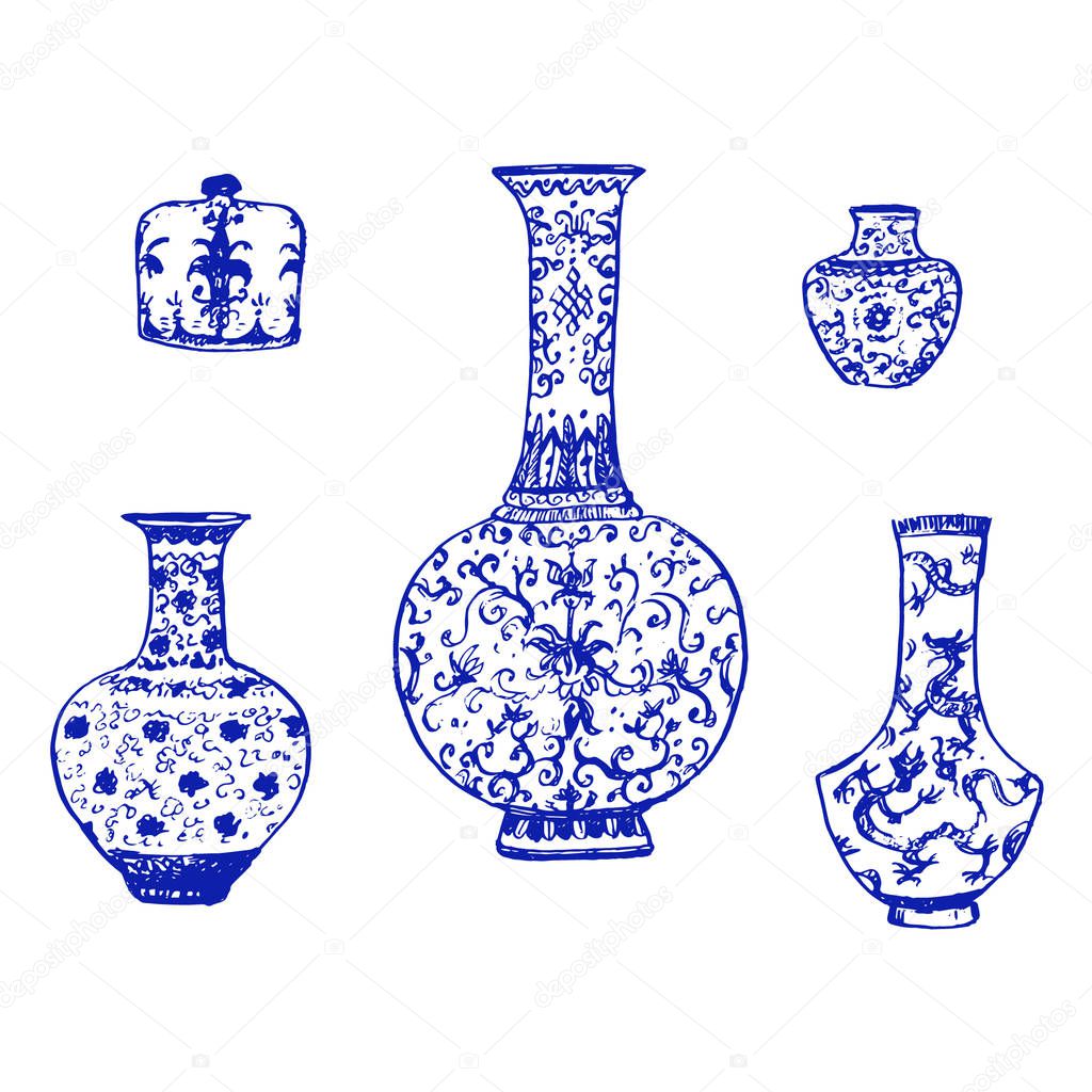 Beautiful vintage ink chinese vases in chinoiserie style for fabric or interior design with flowers and decoration. Hand drawn vector illustration.