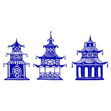 Kumaş ya da iç tasarım için Çin usulü Çin pagodaları. El çizimi vektör illüstrasyonu.