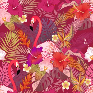 Güzel tropikal egzotik papağan kuşları ve orman çiçekleri. Vektörsüz desen. 