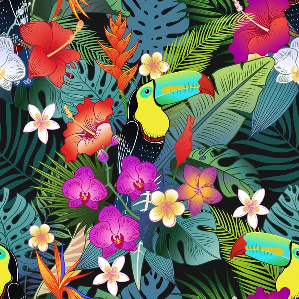 Beaux Oiseaux Exotiques Tropicaux Perroquets Fleurs Jungle Modèle Sans Couture — Photo