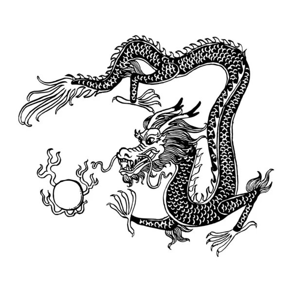 Beautiful vintage ink chinese dragon in chinoiserie style for fabric or interior design with pearl. Hand drawn vector illustration.