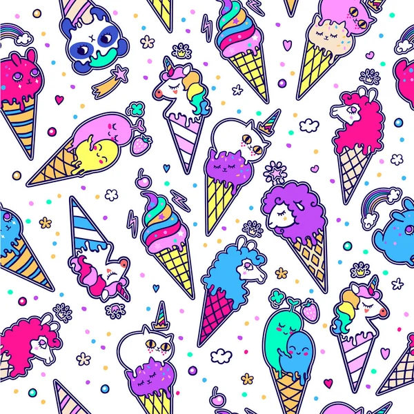 動物のようなポップかわいいアイスクリームコーンのベクトルイラスト 動物とのシームレスなアイスクリームパターン ベクトル背景 — ストック写真