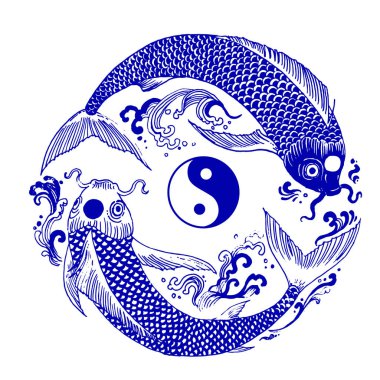 Kumaş ya da iç tasarım için Çin usulü Çin usulü koi balığı. El çizimi vektör illüstrasyonu.