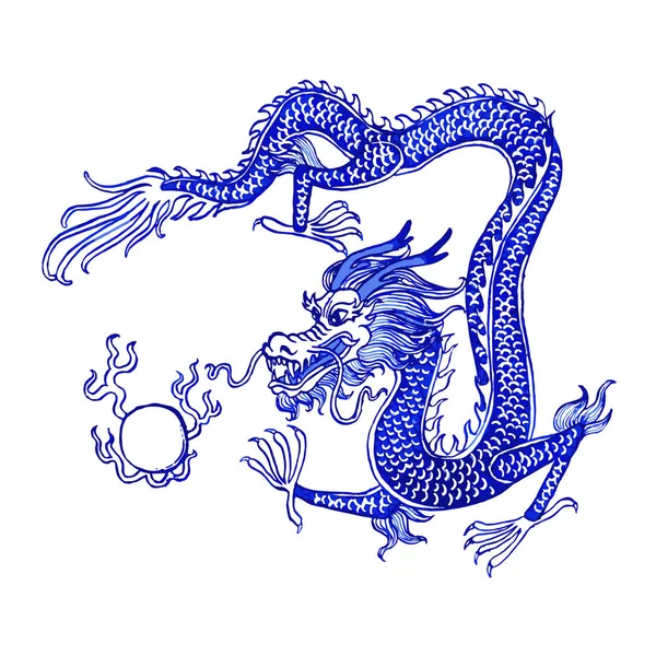 Beautiful vintage ink chinese dragon in chinoiserie style for fabric or interior design with pearl. Hand drawn vector illustration.