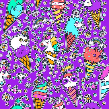 Hayvanlara benzeyen Pop Şirin dondurma külahlarının vektör çizimi. Hayvanlarla kusursuz dondurma kalıbı. Vektör arkaplanı.