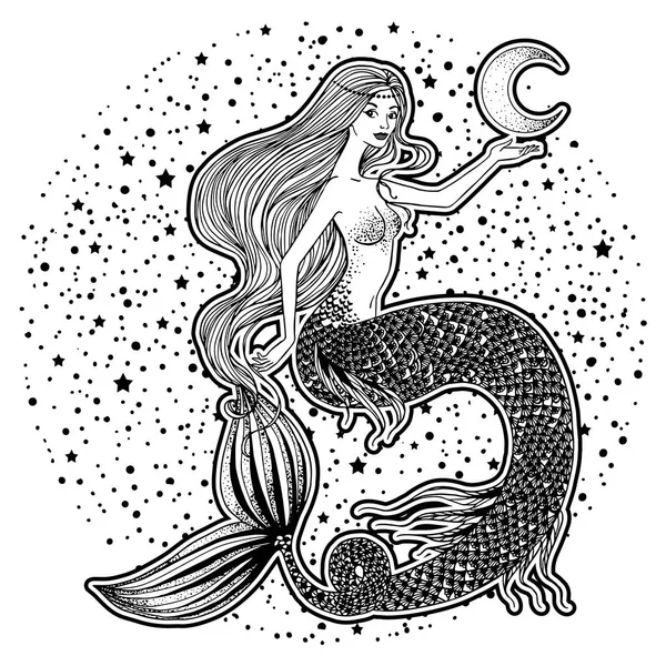 Beautiful mermaid with human skull in her hands hand drawn illustration. Sea, fantasy, spirituality, mythology, tattoo art, coloring books. Isolated vector illustration.