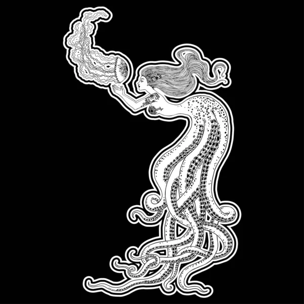 Piękna Syrena Ludzką Czaszką Rękach Narysowana Ilustracja Morze Fantazja Duchowość — Zdjęcie stockowe