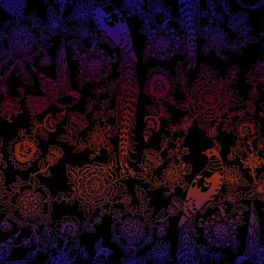 Karanlık Enchanted Vintage çiçekler ve kuşlar Dikişsiz desen vektör. Sihirli orman arka plan.