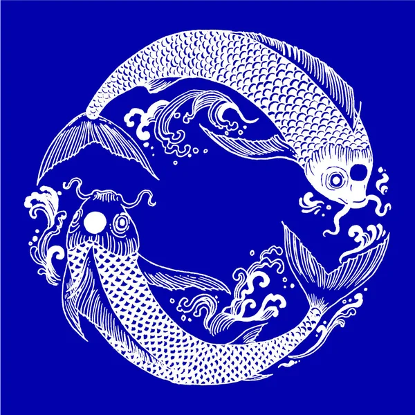 美しいヴィンテージインク中国の鯉は ファブリックやインテリアデザインのためのチノワジースタイルで魚 手描きベクトルイラスト — ストック写真
