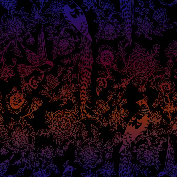 Dark Enchanted Vintage Flowers Birds Seamless Pattern Vector Bosque Mágico —  Fotos de Stock