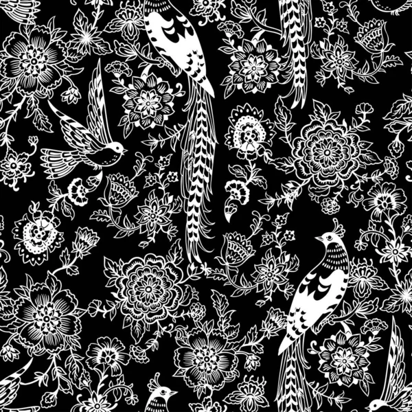 Dark Enchanted Vintage Flowers Birds Seamless Pattern Vector Magic Forest — Stock Photo, Image