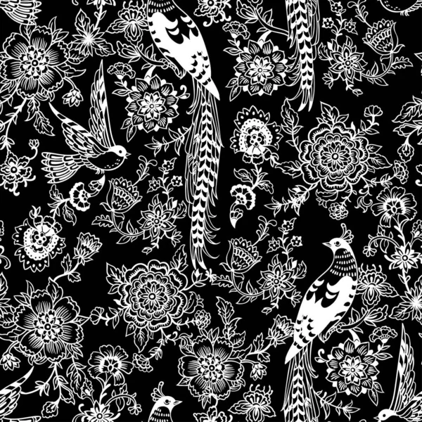 Dark Enchanted Vintage Flowers Birds Seamless Pattern Vector Bosque Mágico —  Fotos de Stock