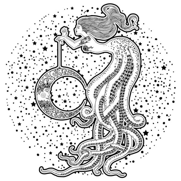 Krásná Mořská Panna Lidskou Lebkou Rukou Kreslené Ilustrace Moře Fantazie — Stock fotografie