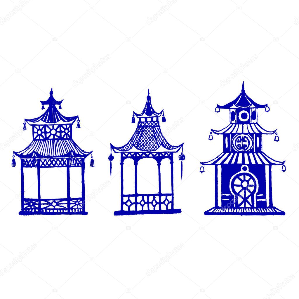 Beautiful vintage ink chinese pagodas in chinoiserie style for fabric or interior design. Hand drawn vector illustration.