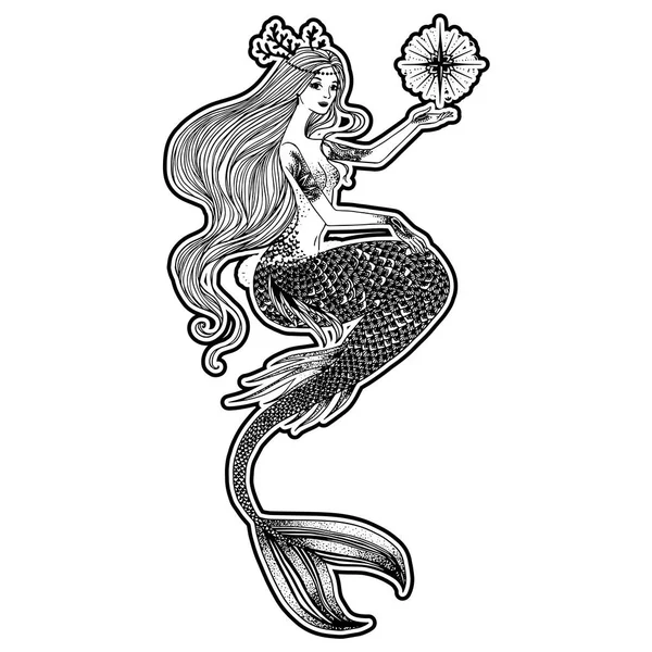 Hermosa Sirena Con Cráneo Humano Sus Manos Ilustración Dibujada Mano — Foto de Stock