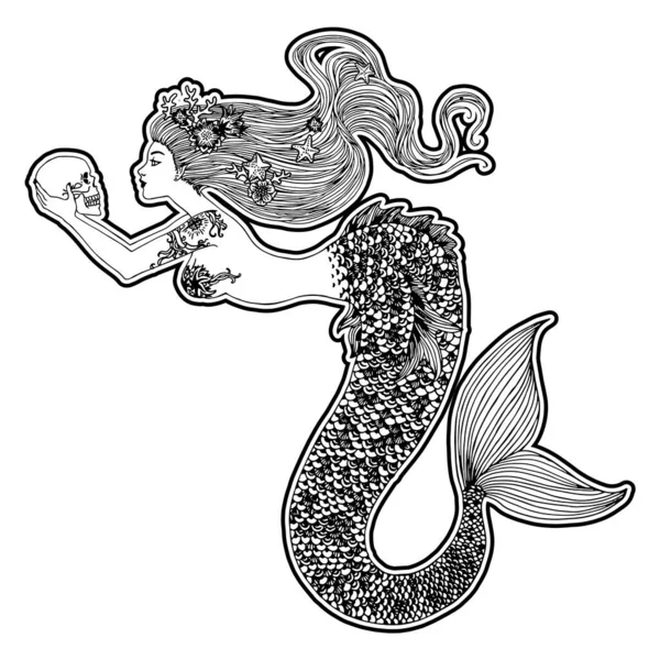 Schöne Meerjungfrau Mit Menschlichem Schädel Ihren Händen Gezeichnete Illustration Meer — Stockfoto