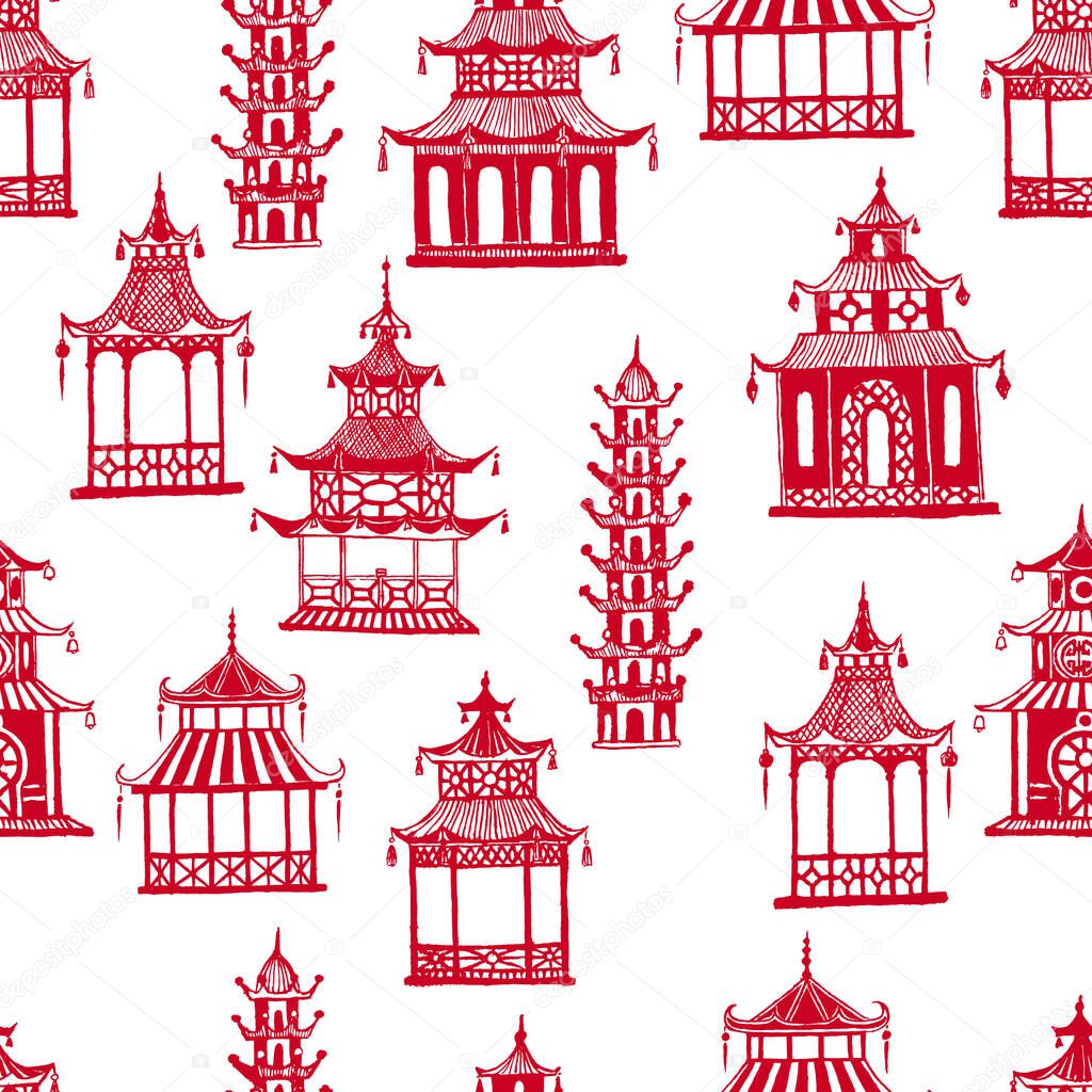Beautiful vintage ink chinese pagodas in chinoiserie style for fabric or interior design. Hand drawn vector illustration. Seamless pattern.