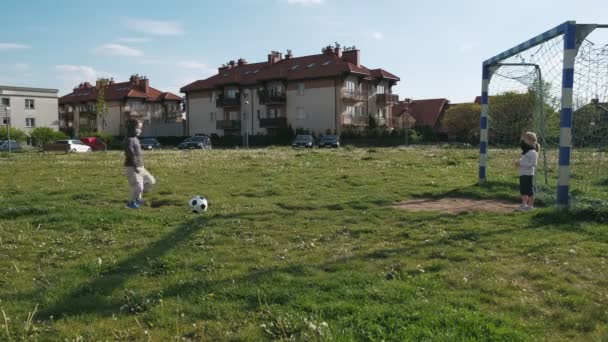 Kinder Spielen Fußball Der Junge Schießt Den Ball Ins Tor — Stockvideo
