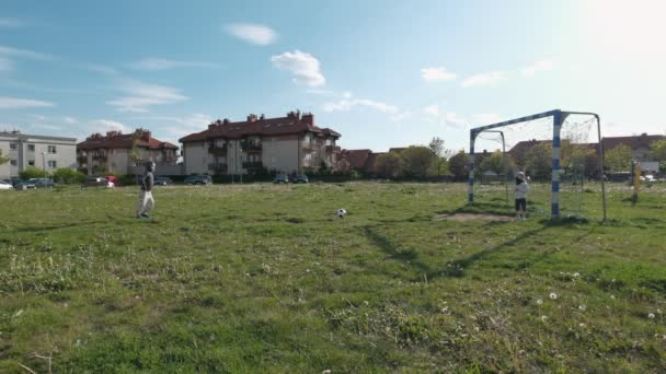 Ragazzo Calcia Palla Nella Porta Del Calcio Non Colpisce Bambini — Video Stock