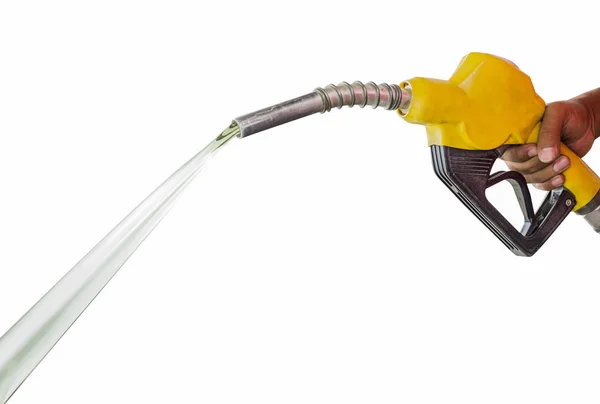 Hand holding fuel nozzle wasting gas on white — Stock Photo, Image