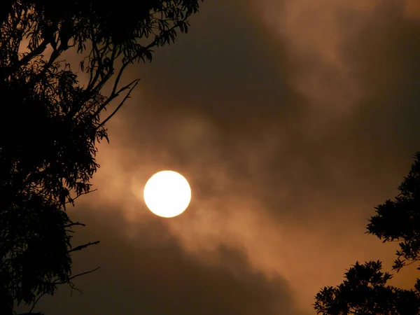 Uma Vista Pôr Sol Nas Montanhas Azuis Através Névoa Fumaça — Fotografia de Stock