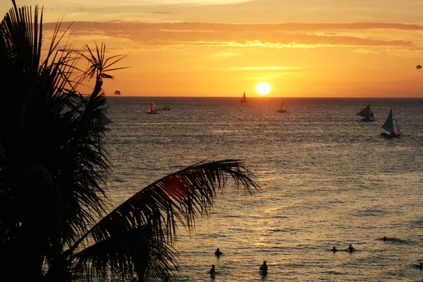 海に沈む夕日を背景に ヤシの木 人々のシルエット — ストック写真