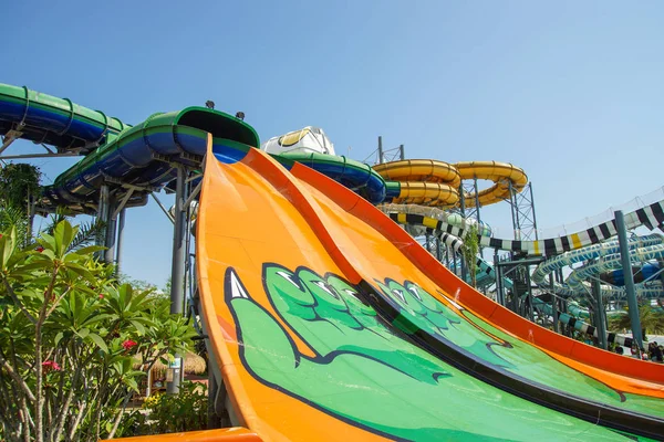 Bottom view of the large slides in the water park in the summer. Royalty Free Stock Photos
