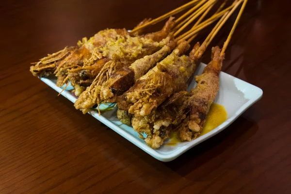 Fried Shrimp Batter Skewers White Rectangular Plate — Stock Photo, Image