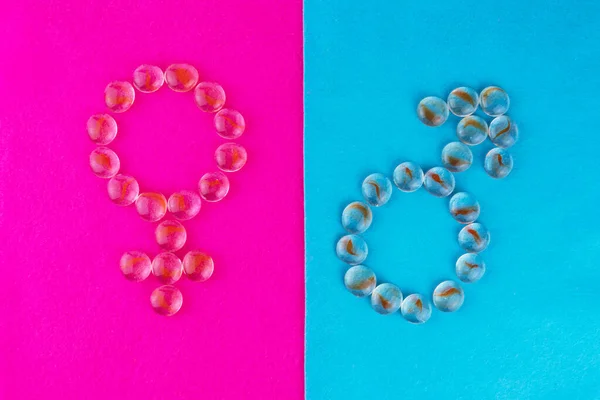 Segni Maschile Femminile Pietre Trasparenti Sfondo Rosa Blu — Foto Stock