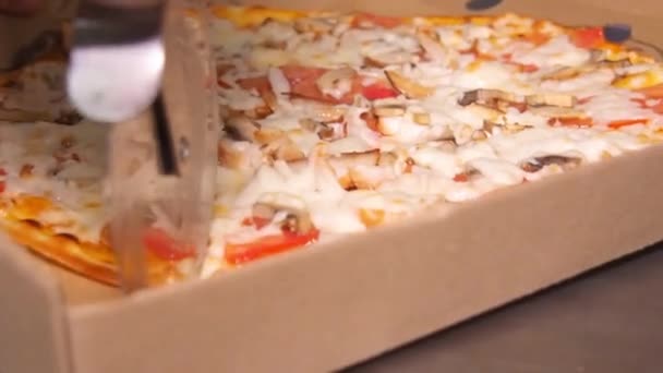 Beyaz Bir Adam Özel Yuvarlak Bıçakla Pizza Keser — Stok video