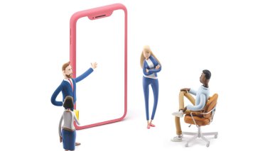 Uygulama geliştirme ve sosyal medya kavramı. 3 boyutlu illüstrasyon. Çizgi film karakterleri. Beyaz arkaplan üzerine iş takım çalışması kavramı.