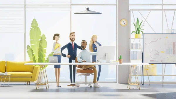 A team of employees works on the computer. Modern office. 3d illustration.  Cartoon characters. Business teamwork concept.