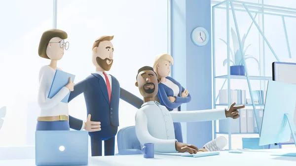 A team of employees works on the computer. Modern office. 3d illustration.  Cartoon characters. Business teamwork concept. Blue Background.