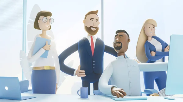 Un team di dipendenti lavora al computer. Ufficio moderno. Illustrazione 3d. Personaggi dei cartoni animati. Concetto di lavoro di squadra. Sfondo blu . — Foto Stock